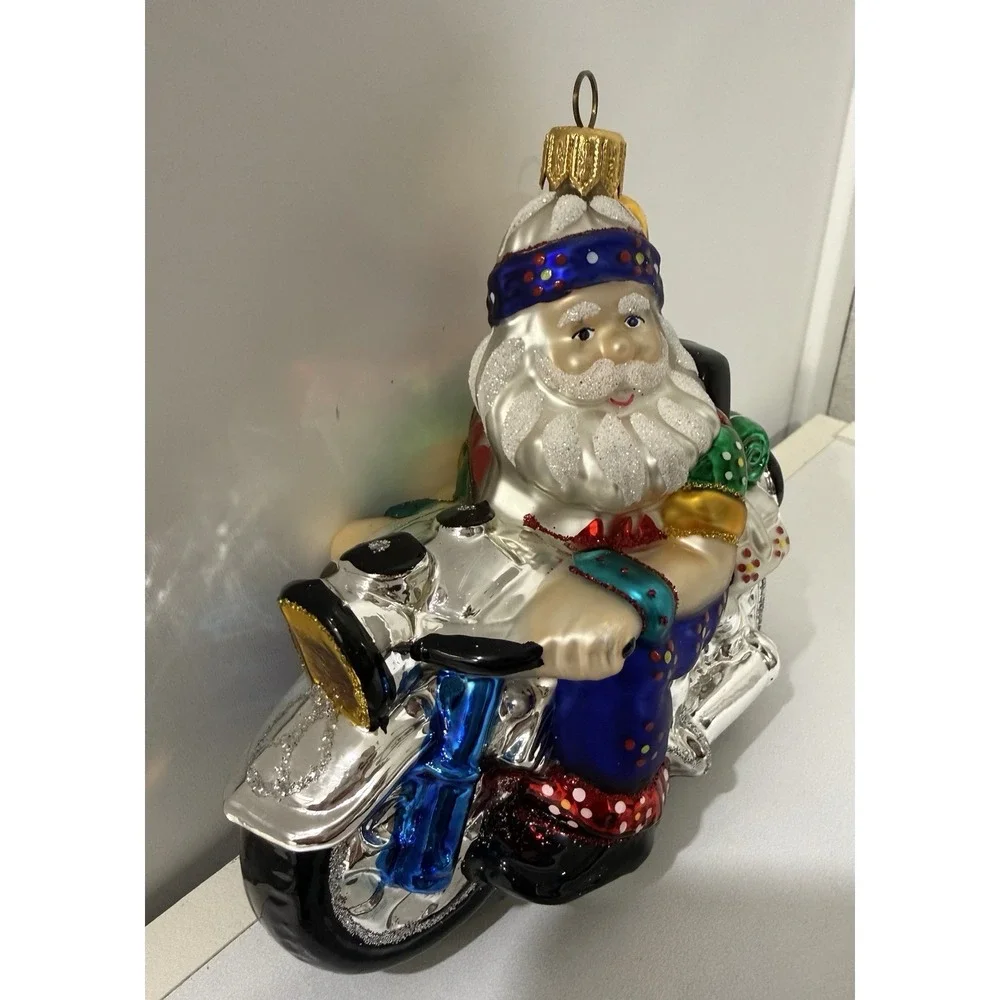 Max Glass Santa Claus Riding Motorcycle Blown Glass Christmas Ornament Poland